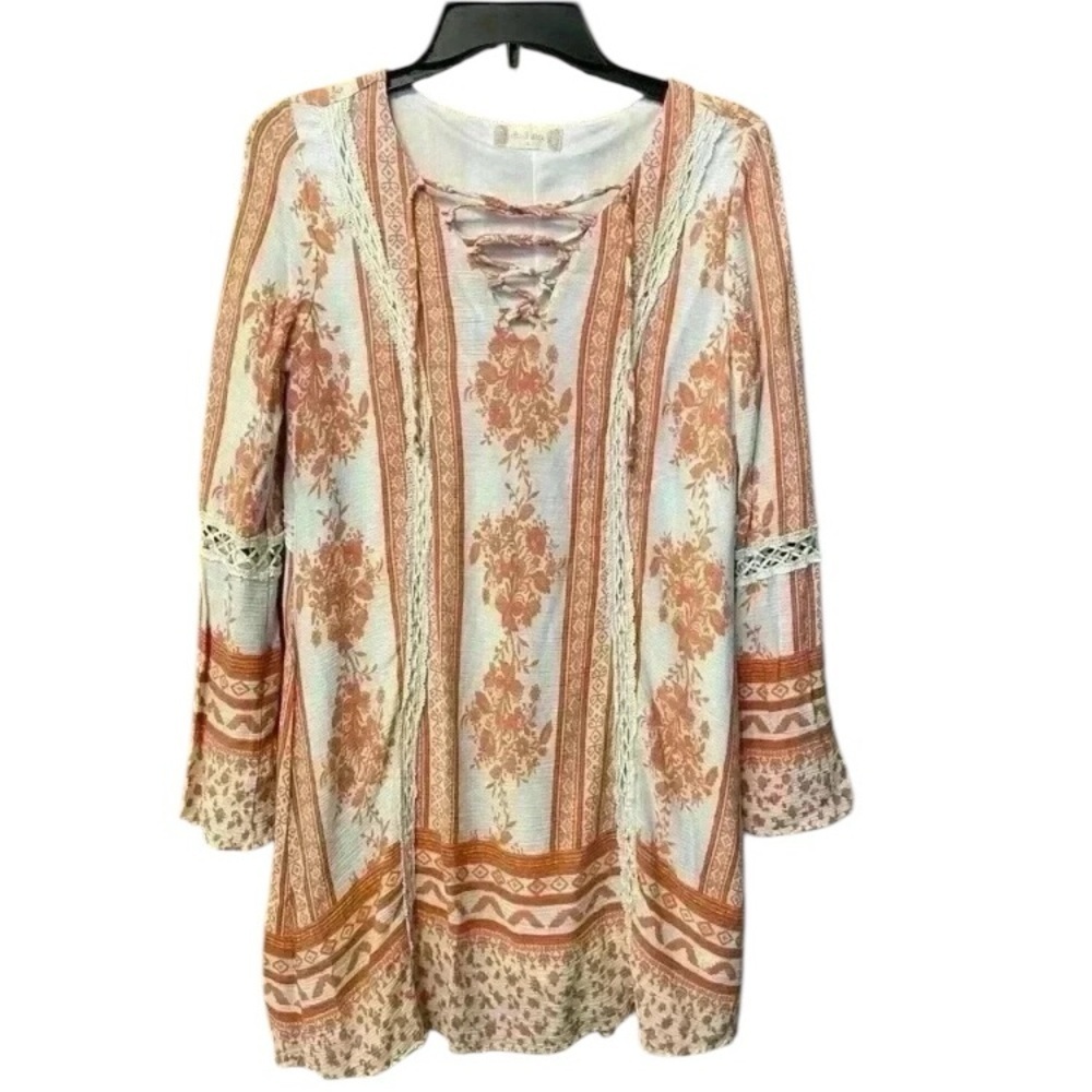 Altar’d State Women’s boho caftan shift mini dress lined lace orange white small